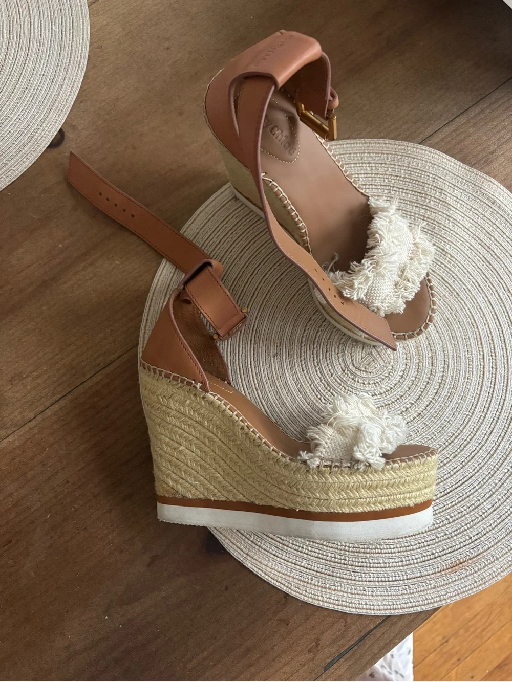 See by Chloe Fringe Espadrille Wedge Sandals - Tan & Cream